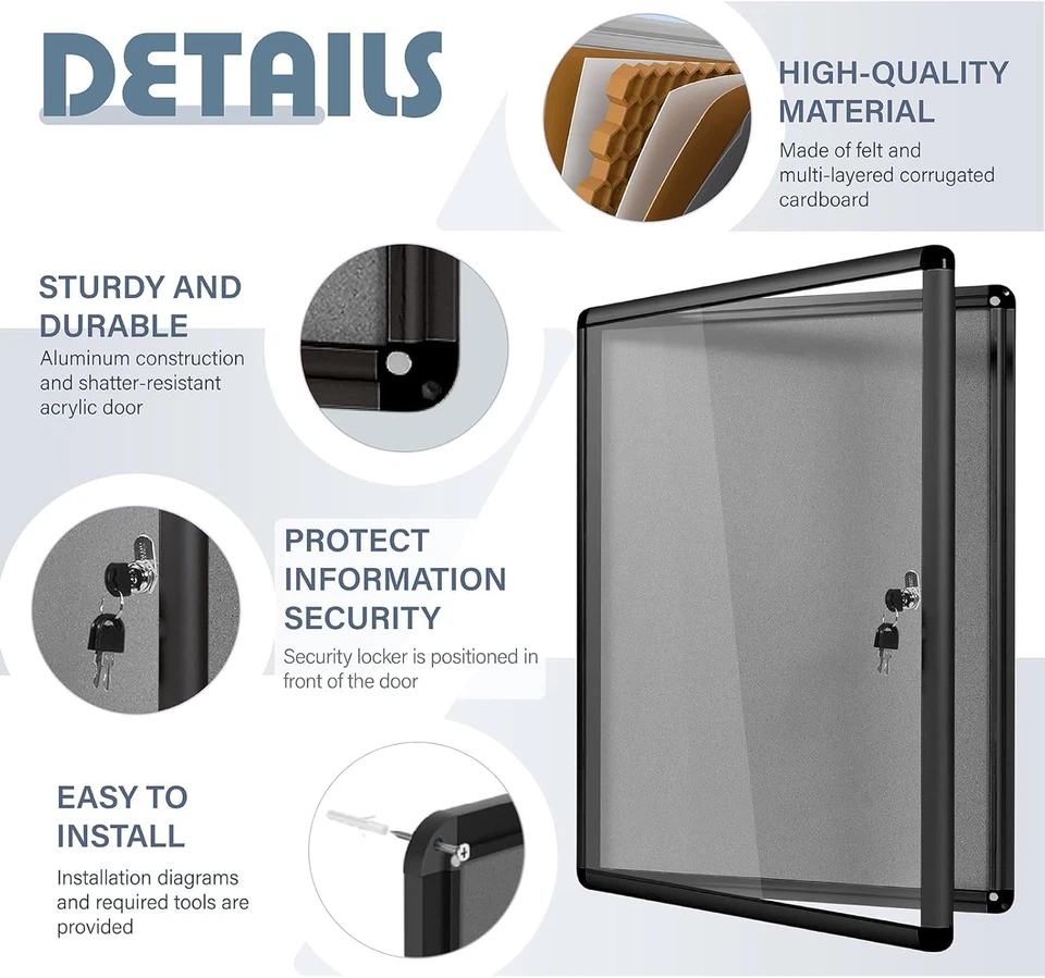 Enclosed Bulletin Board Lockable Display Case Message Board with Locking Door fo - Image 4 of 4