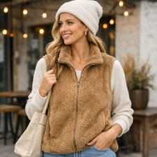 Uniqlo Sherpa Fleece Vest Womens Hiking Outdoor Cabincore Ski Layer Tan Brown XS