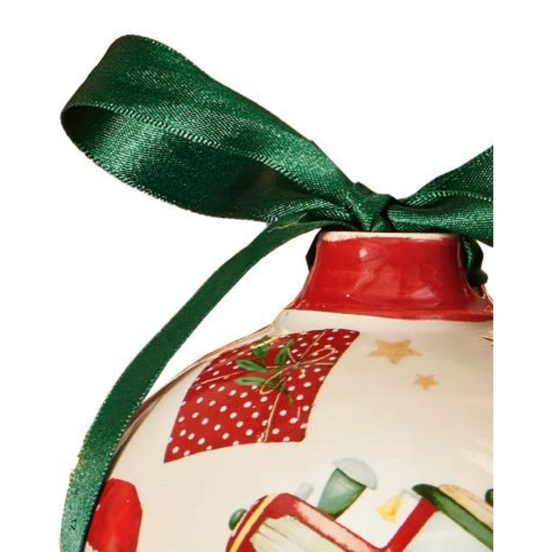 Palla di Natale Ceramica BRANDANI Trenino Decorazione Albero 10 cm Fiocco Raso, fotografia 3 di 9