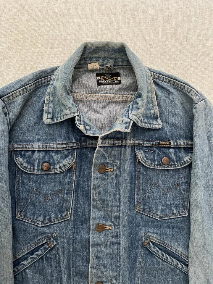 复古 60 年代 70 年代 Maverick 牛仔卡车司机夹克 38 中号蓝色破旧磨损 — 第 2/4 张图片