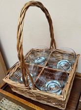 Vintage Wicker Carrier Basket Snacks Holder? w/4 Glass Bowls Retro Picnic GC