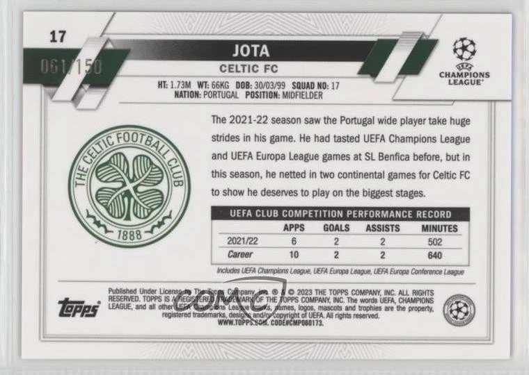 2022-23 Topps Chrome UEFA Club Competitions Blue Refractor /150 Jota #17 - Image 2 of 2