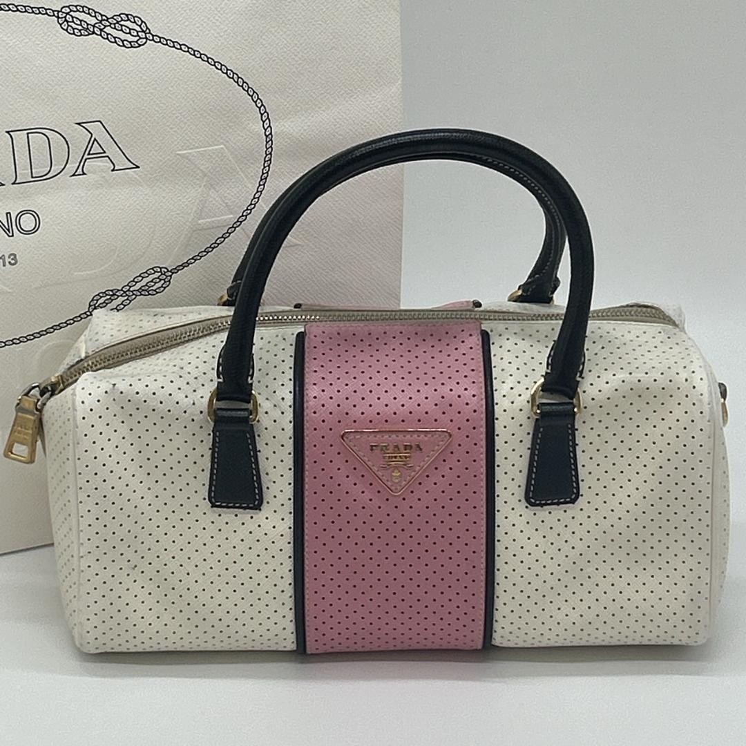 Prada Mini Boston Tote in Pink & White Punched Leather 8.6x4.7x5.1 Inches