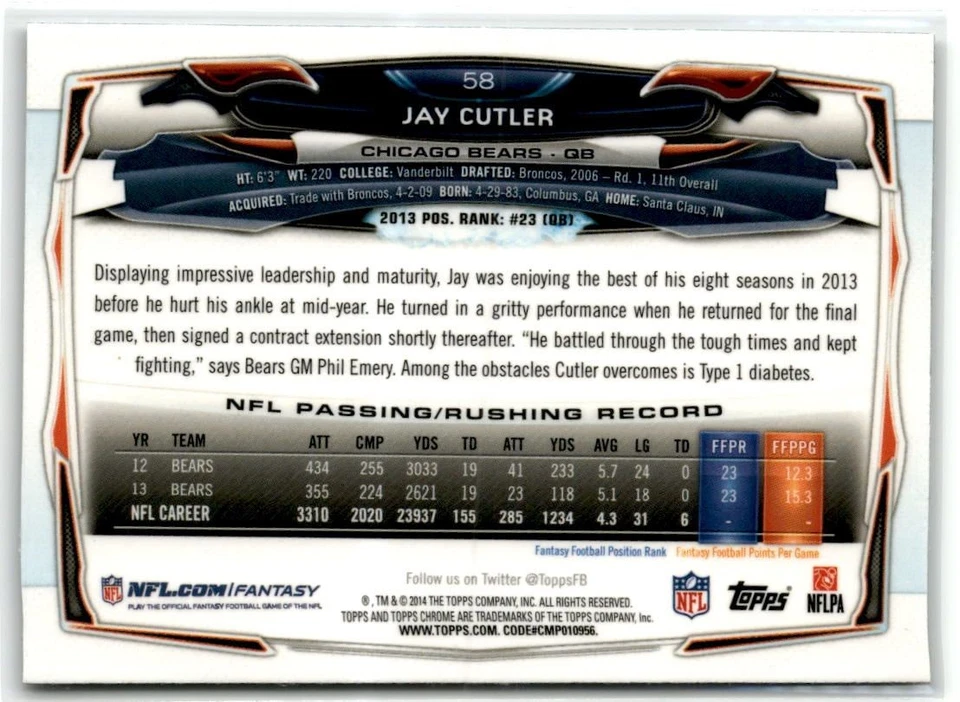 Jay Cutler Chicago Bears 2014 Topps Chrome Refractor #58 - Image 2 of 2