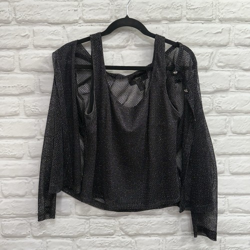 JS Collections Black Metallic Rhinestone Button Mesh Cardigan & Tank Set SIZE 14 - Picture 6 of 10