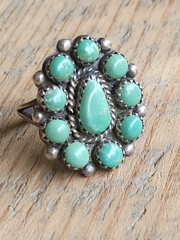 Victor Moses Begay Turquoise Cluster Ring Signed VMB Hallmark Sterling Silver
