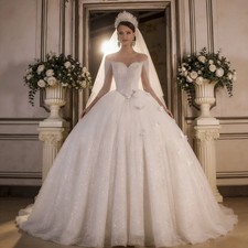 Custom Luxury Sheer Neck Ball Gown Wedding Dress Applique Bridal Gown