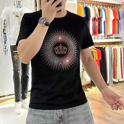 New Men Luxury Diamond Crown Rhinestones Fashion T-Shirt High Quality 3 Colors