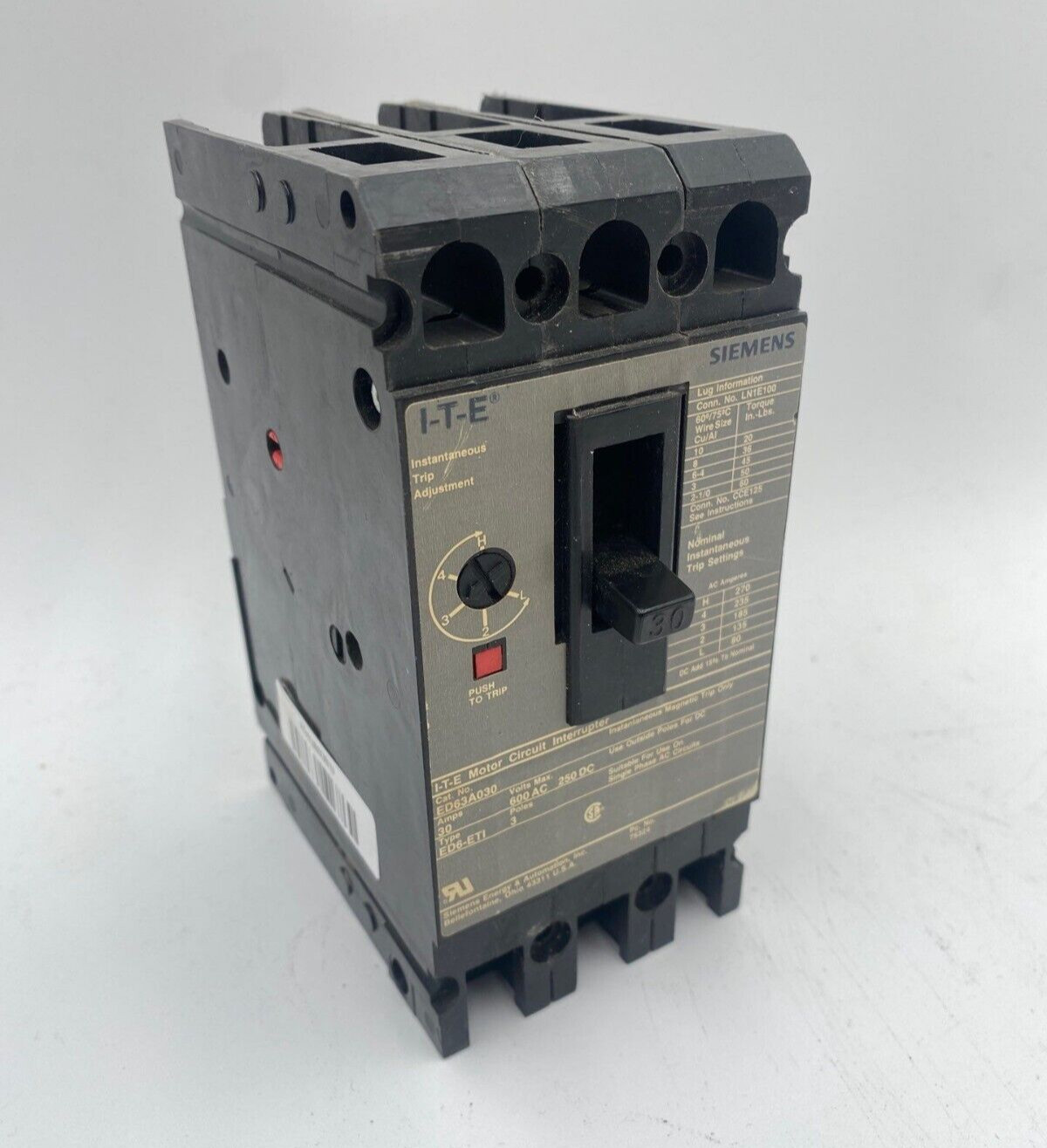 ITE Siemens ED63A030 Circuit Breaker 30A 3P 600V 3PH ED6-ETI 30 Amp 3 Pole Used