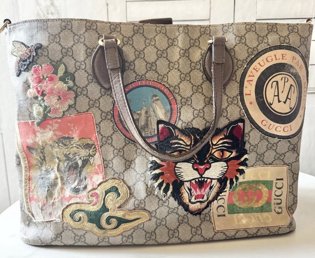Gucci GG Supreme Courrier Tote Medium Beige Brown Tiger Patch