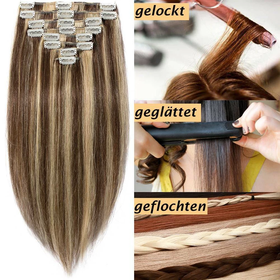 100% Echthaar Clip In Remy Haarverlangerung Extensions Glatt 8 Tressen Dick Lang - Bild 4 von 4
