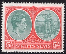 ST KITTS & NEVIS-1945 5/- Bluish Grn & Scrlet Perf 14 (Ordinary Paper) Sg 77b MM