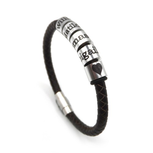 Mens Leather Bracelet - Personalised Name Rings - Gift Boxed - For Him - Picture 3 of 9