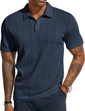 Mens Golf Polo Shirt Textured Knit Stretchy Regular Fit Soft Lightweight