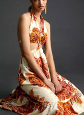 🌴 NWT Farm Rio Anthropologie XL Floral Cutout Halter Maxi Dress 230$ Tiered