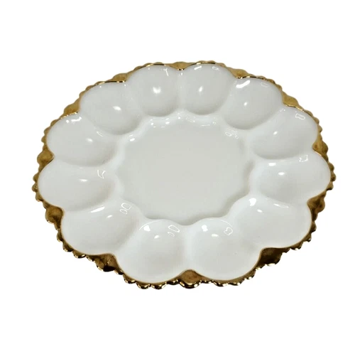 Easter! Anchor Hocking Milk Glass Deviled Egg Dish Plate White/Gold 10"