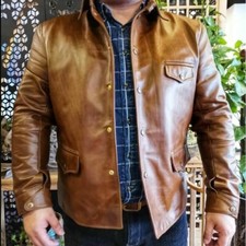 Men's Real Leather Shirt Military Style Pocket Biker Brown Schwarz Lederhemd