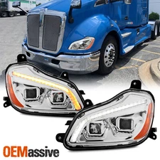 For 13-19 Kenworth T680 Projector Headlight LED Sequential Switchback Chrome
