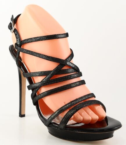 $215 BADGLEY MISCHKA XUAN Black Metallic Designer EVENING Strappy Heel Sandals 8 - Picture 2 of 4