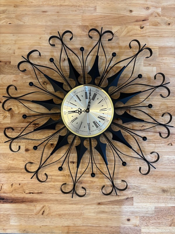 Elgin Mid Century Modern Black Wrought Iron Vintage Starburst Clock