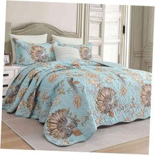 Quilt Set King Size 3pc, Teal Blue Yellow Floral Bird Oversized Scallop