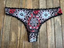 Vtg M Black Rust Mint Floral Thong Bikini Panties W Lace Trim