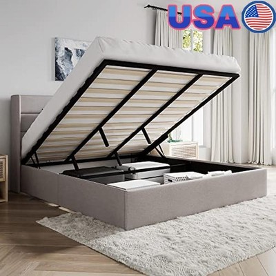 King Size Storage Bed Lift Up Hydraulic Platform Frame Wingback Headboard New