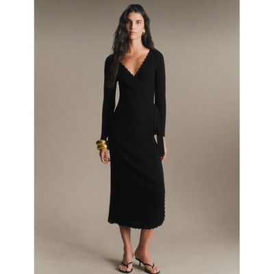 Sezane Cecilia Dress XS Black Sweater Knit Midi Length Wrap Dress Classic French
