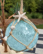 Nautical Fishing Float Blue Glass Buoy Christmas Ornament Starfish Shells Beach