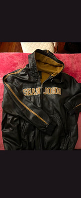 Sean John Men's Leather Bomber Jacket Full Zip Black/Tan Logo Size 3xl