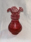 Vintage FENTON Cranberry Glass Coin Dot Ruffled Top Vase 6” EXCELLENT Pink Red