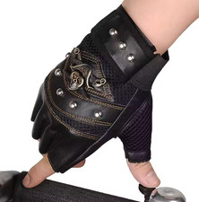 Blk Mens Punk Rocker Pirate Skull Studs Fingerless Death Faux Leather Gloves 40