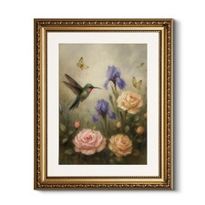 Vintage Floral Bird Painting Canvas Wall Art 13x16, Botanical Hummingbird Flo...