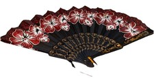 Beautiful Hibiscus Peacock Hand Folding Fan Oriental Asian Red Black Silk