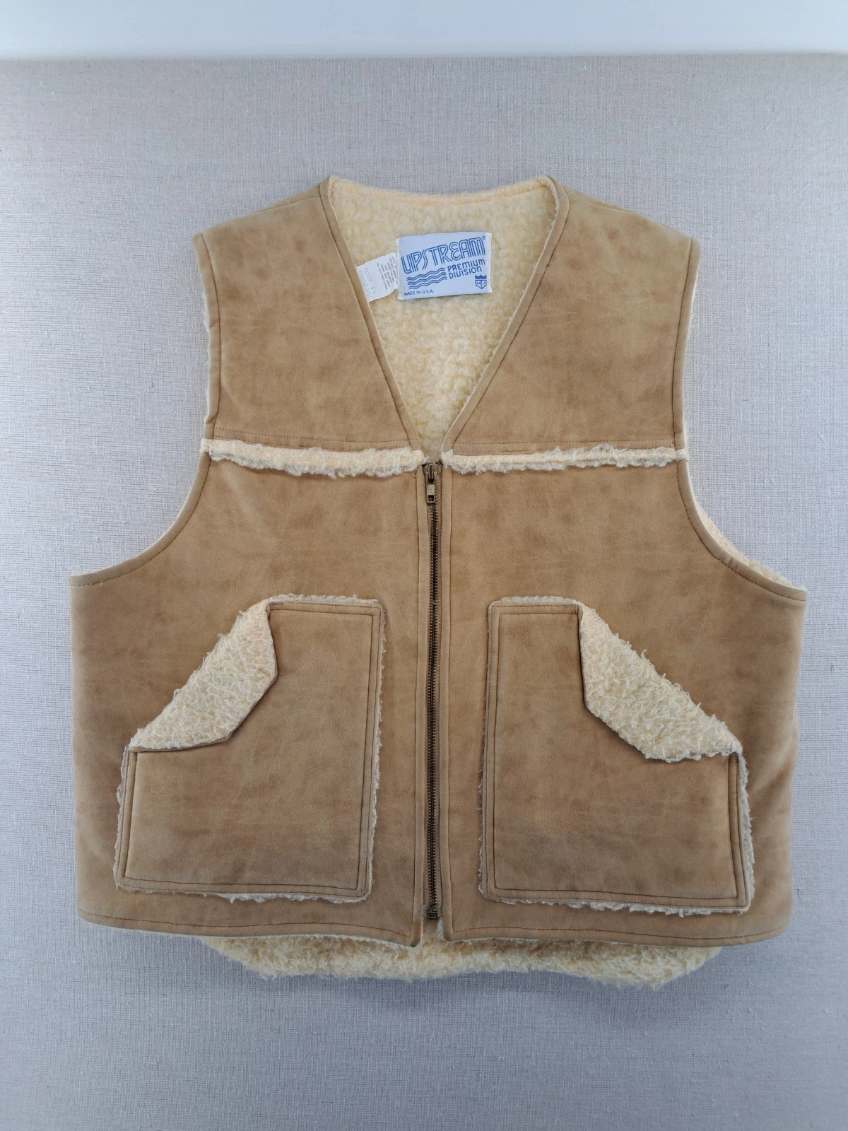 Vintage Upstream Sherpa Vest Large Tan Khaki Fishing Hunting Outdoors Faux Suede