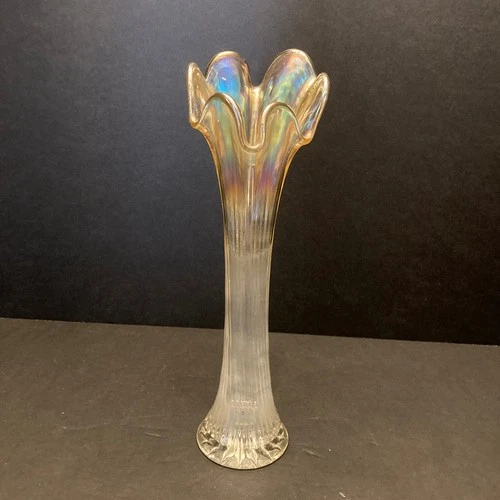 Fenton Marigold Iridescent Carnival Glass Swung Vase Fine Rib 10.25"