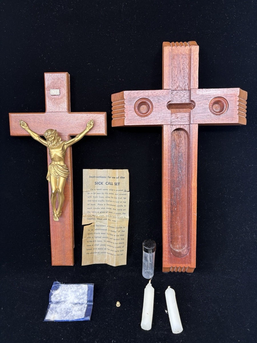 Vintage Catholic Sick Call Set Last Rites Crucifix Wood Cross