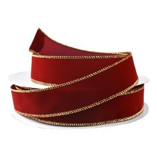 Christmas Velvet Wired Edge Ribbon, Scarlet/Gold, 1-1/2-inch, 50-yard