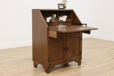 Gothic Vintage Carved Oak Library Drop Front Secretary Desk #56685
