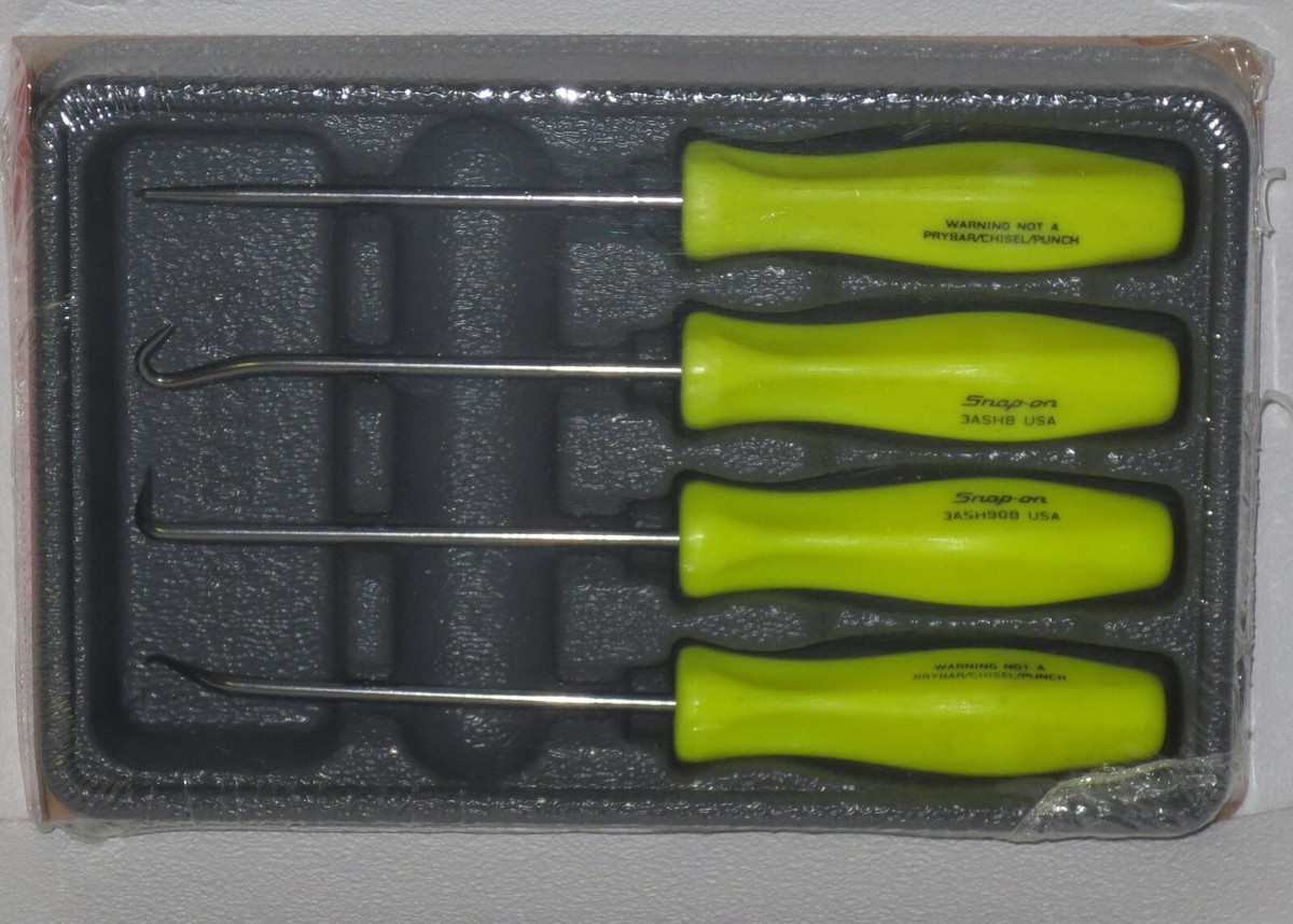 Snap-on 4 PC Mini Handle Awl Hook & Pick Set Hi Vis Yellow