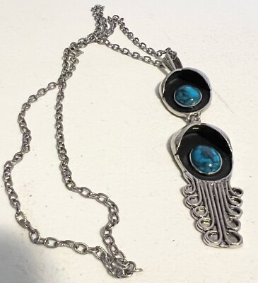 Vintage Navajo Squash Blossom Necklace And Pendant Turquoise Handmade