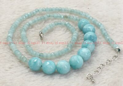 Faceted 2x4mm Rondelle & 10mm Round Blue Aquamarine Gems Beads Necklace 14-32''