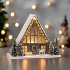 Ragon House Christmas Putz Style Light Up 13.75" Snowy A Frame Cabin w/ Deer