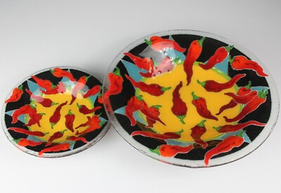 #ad Two Peggy Karr Chilles fused art glass bowls 13quot; and 8.5quot; signed peppers $27.50