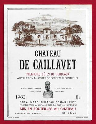 75/72 Etikett Label PREMIÈRES COSTES DE BORDEAUX 1982 CHÂTEAU DE CAVAILLAVET