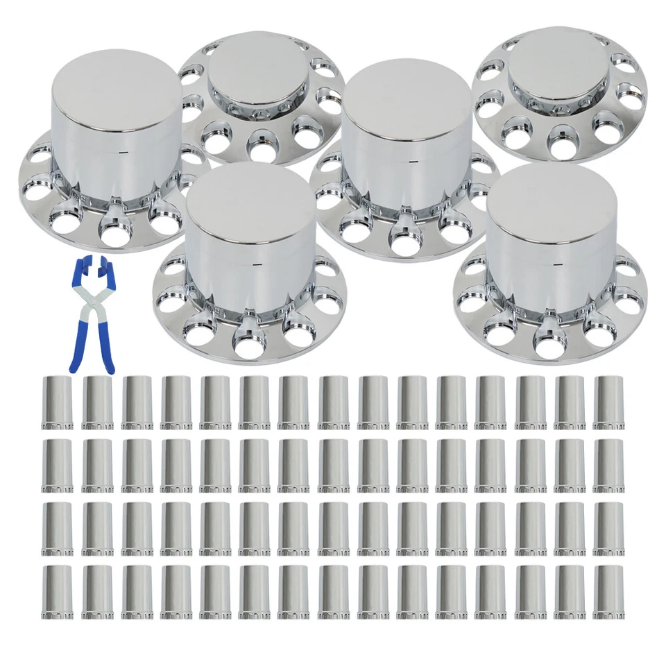 Chrome Flat Top Complete Hub Cover Kit 33mm Lug Nut Wheel Axle Covers Semi Truck - Image 3 of 4