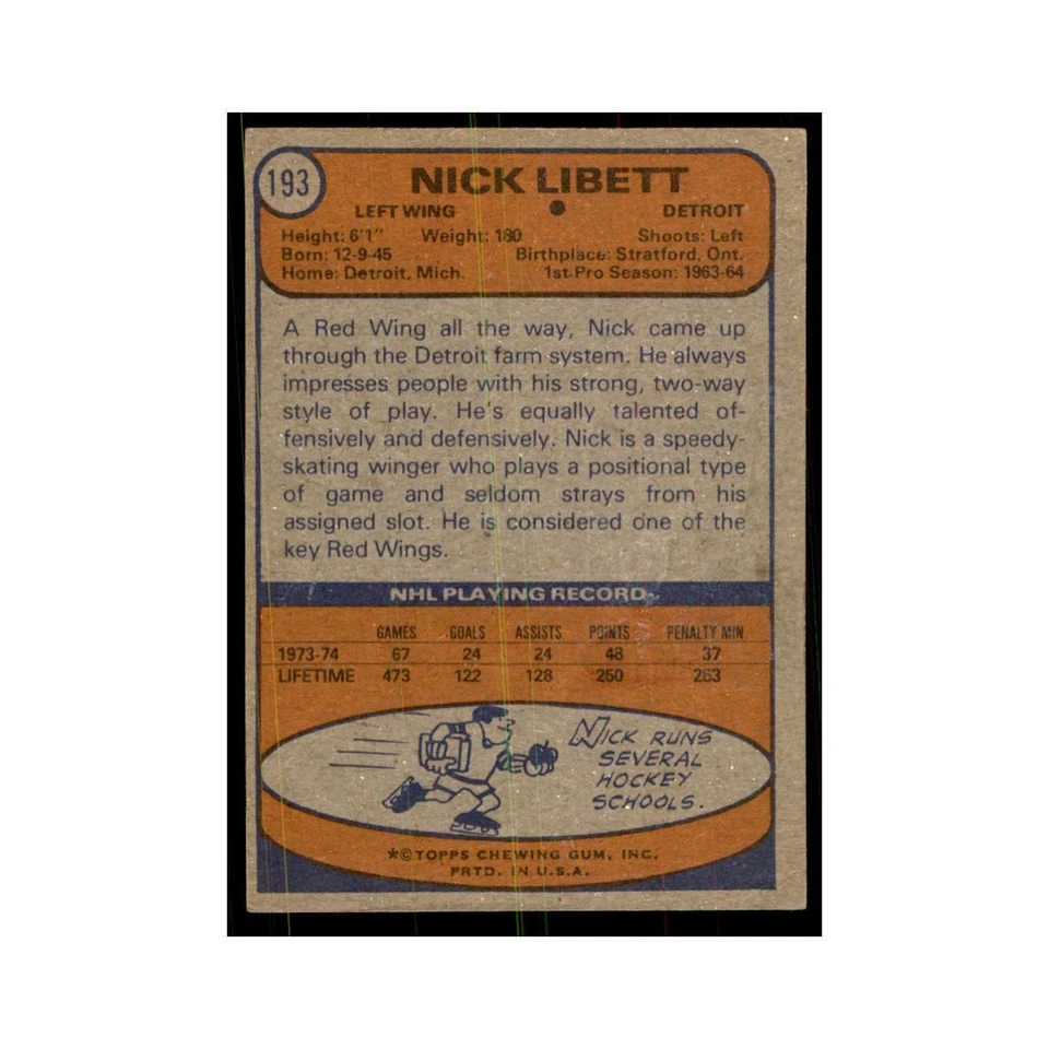 Nick Libett 1974 Topps #193 Hockey Cards Hockey Card EX - Image 2 of 3