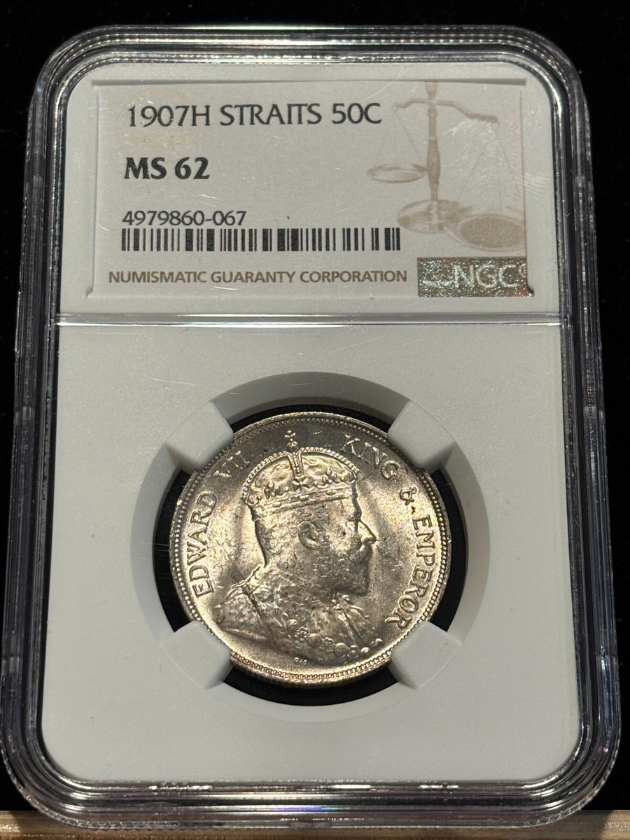 STRAITS SETTLEMENTS 50 Cents 1907 H, NGC MS 62 UNC Fully Lustrous