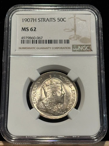 STRAITS SETTLEMENTS 50 Cents 1907 H, NGC MS 62 UNC Fully Lustrous Edward VII. R9