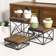 Square Dark Brown Wood & Black Metal Wire Nesting Food Display Risers, Set of 3